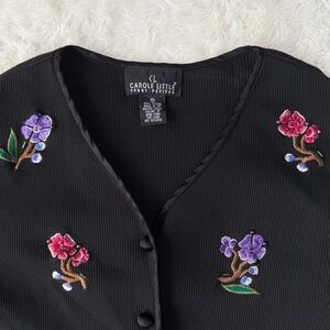 VTG Y2K 90s Carole Little Black Ribbed Floral Embroidery Sweater Cardigan SMALL